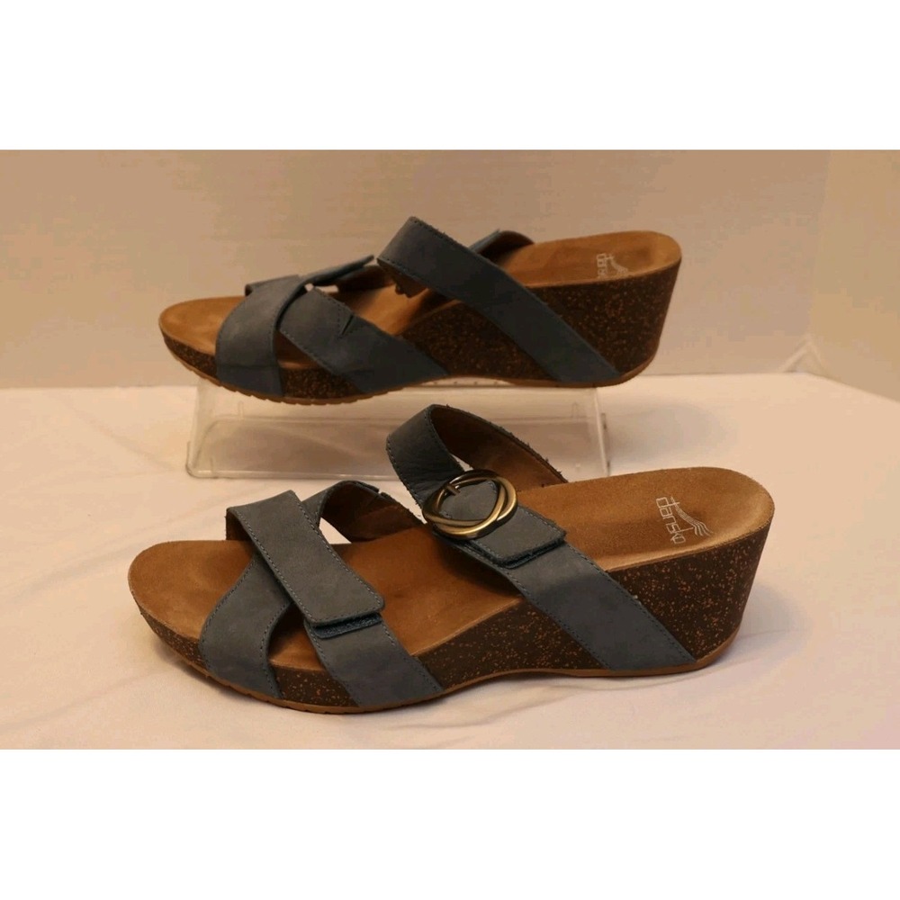 Dansko Wedge Sandals EUC Blue Suede Strappy Adjustable Buckle Cork Sole SZ 41 - Picture 3 of 7